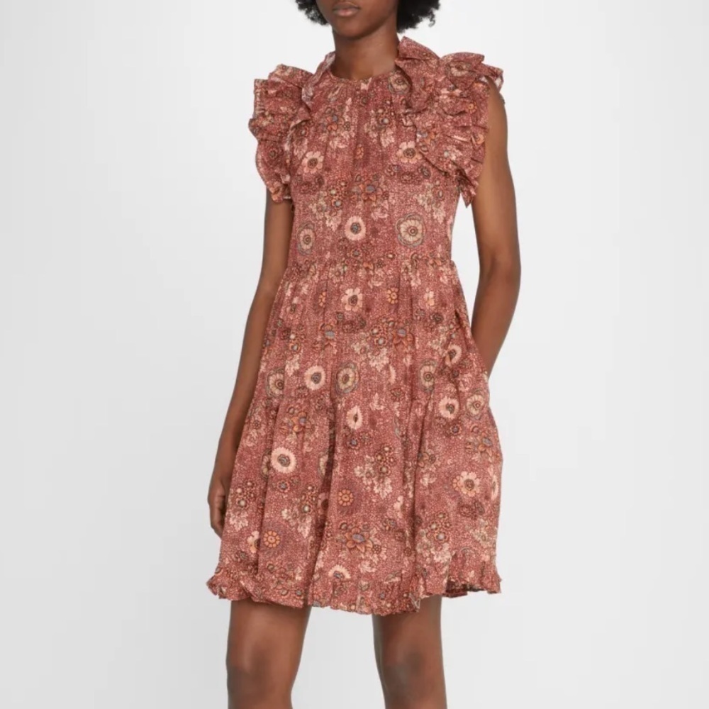 Ulla Johnson- Red Floral “Adele” Flutter Ruffle Sleeve Printed Mini Dress